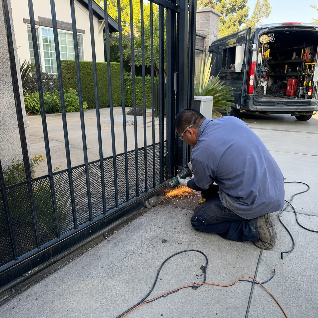 Technician using an angle grinder to perform professional gate repair