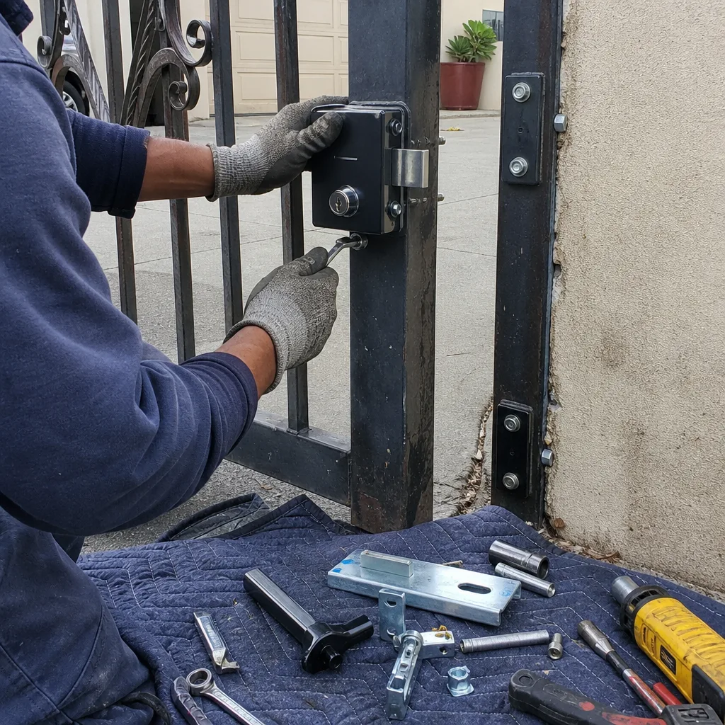 Technician repairing a metal gate lock with professional tools