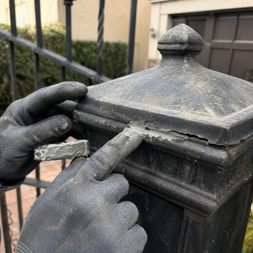 Professional applying epoxy to repair a cracked metal gate post.